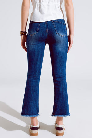 Q2 Women's Jean Flared Skinny Jeans With Raw Hem Edge In Mid Wash