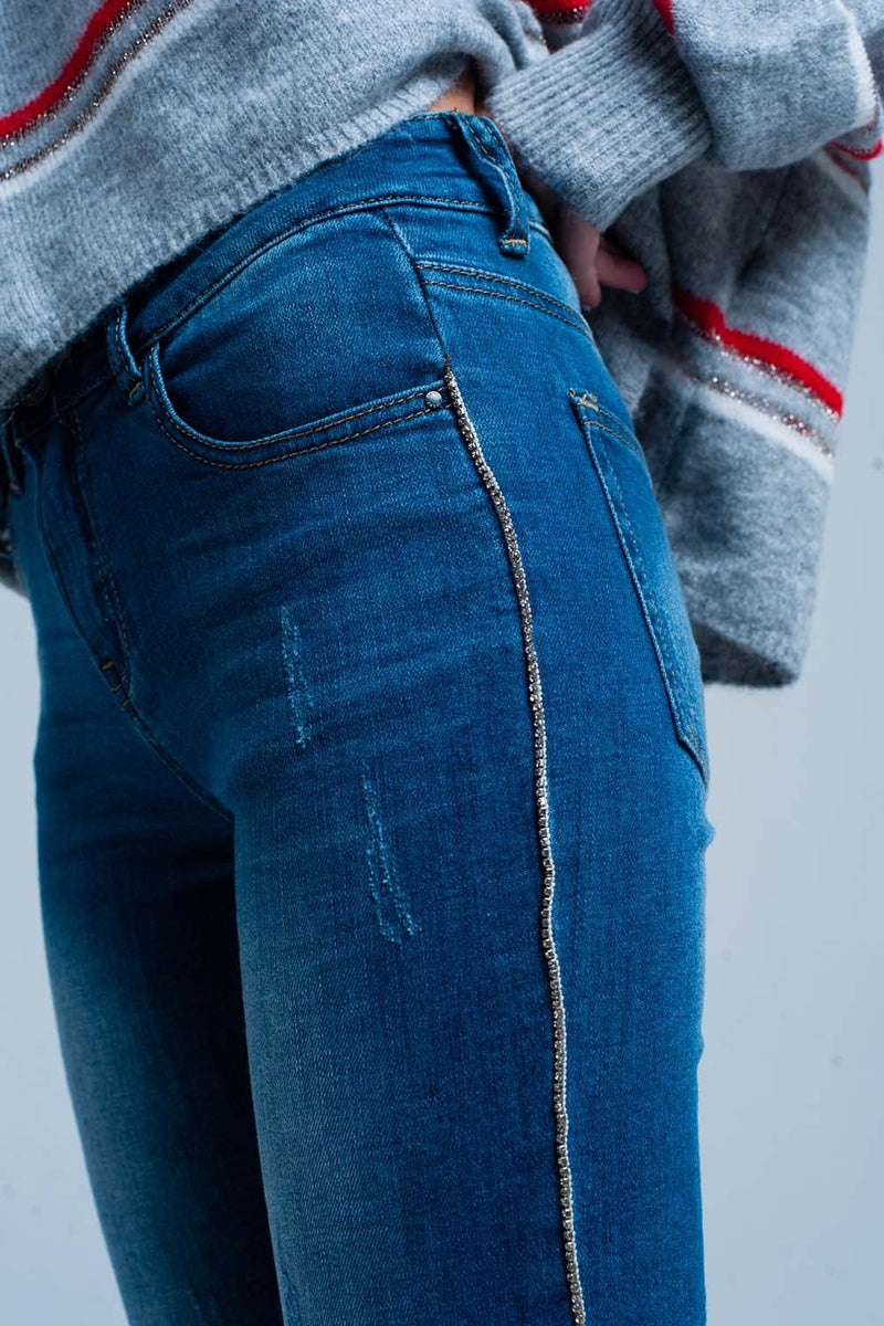 Q2 Women's Jean Fringed Skinny Jeans with Strass Side Stripe