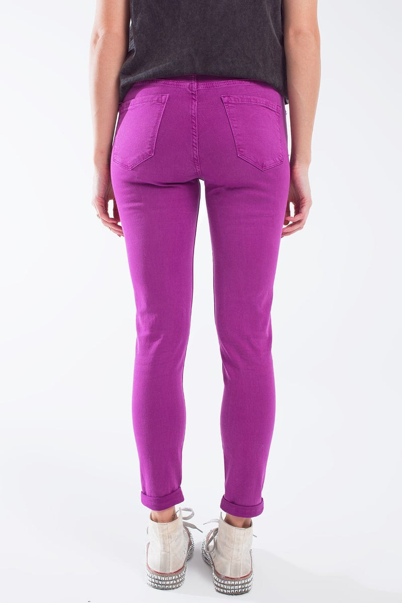 Q2 Women's Jean Fuchsia Ankle Super Skinny Jeans With Soft Wrinkles