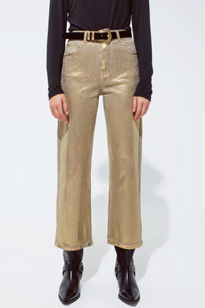 Q2 Women's Jean Gold Straight Leg Jeans With Metallic Glow