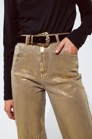 Q2 Women's Jean Gold Straight Leg Jeans With Metallic Glow