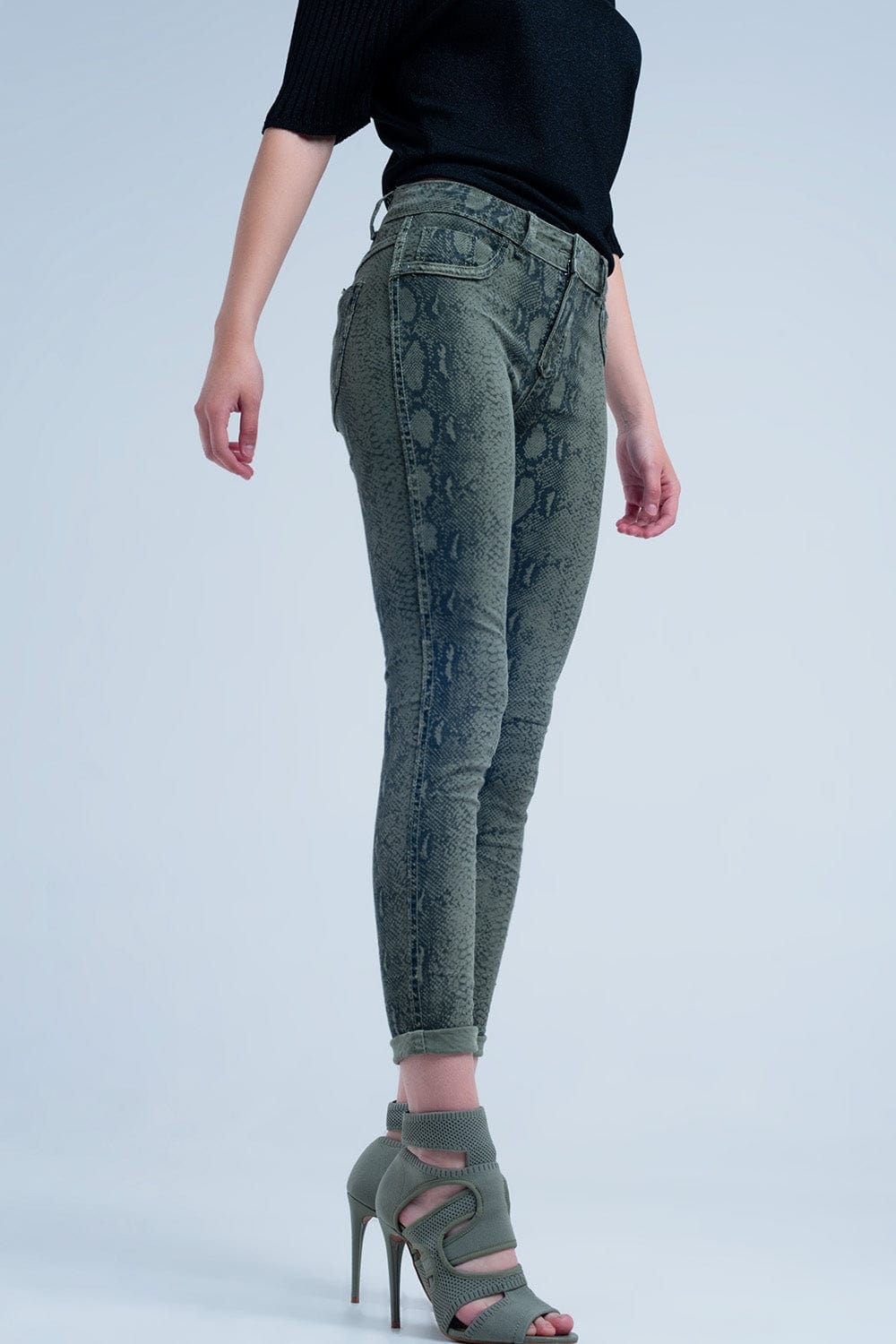 Q2 Women's Jean Green Skinny Reversible Jeans with Snake Print