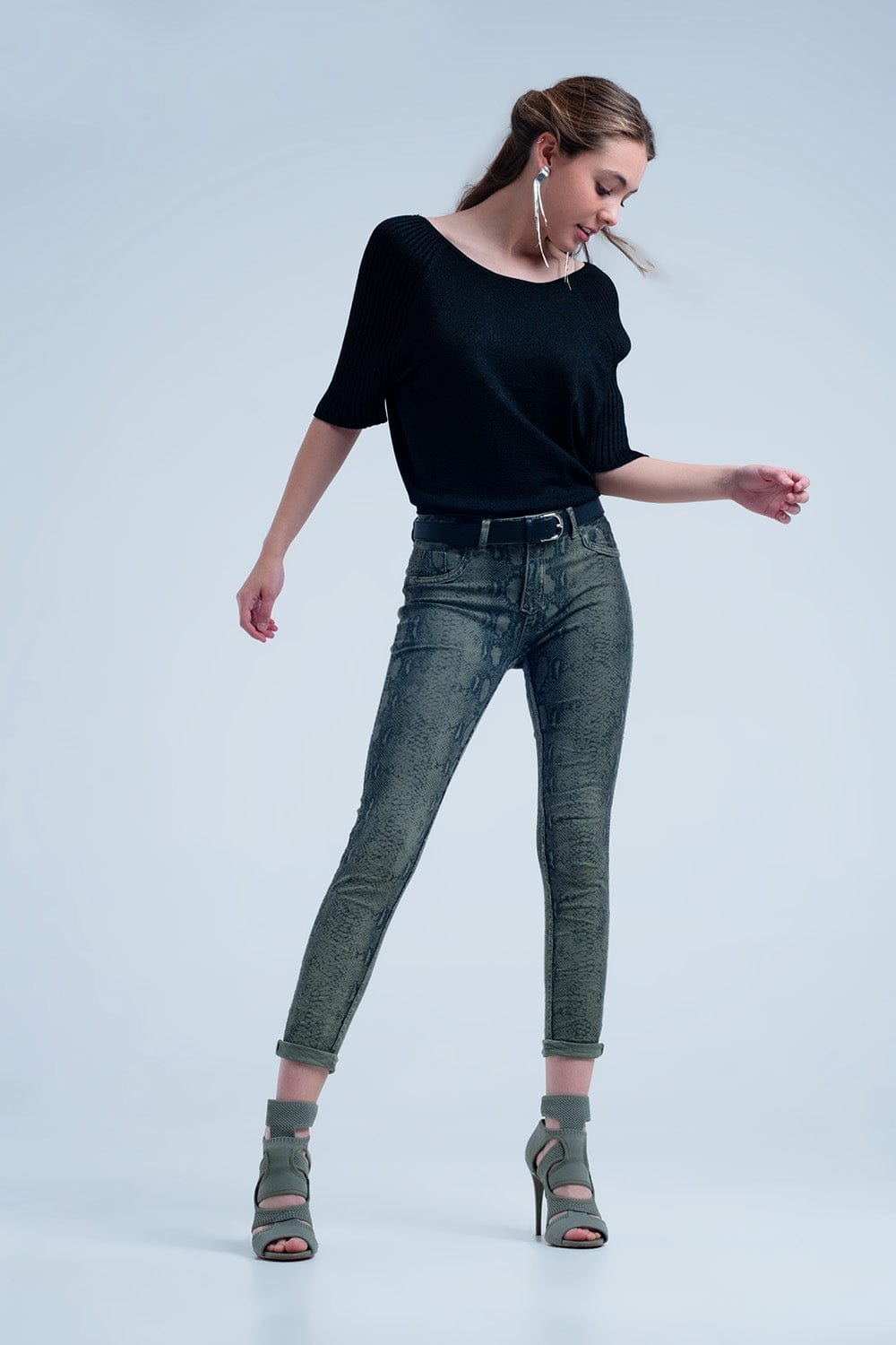 Q2 Women's Jean Green Skinny Reversible Jeans with Snake Print