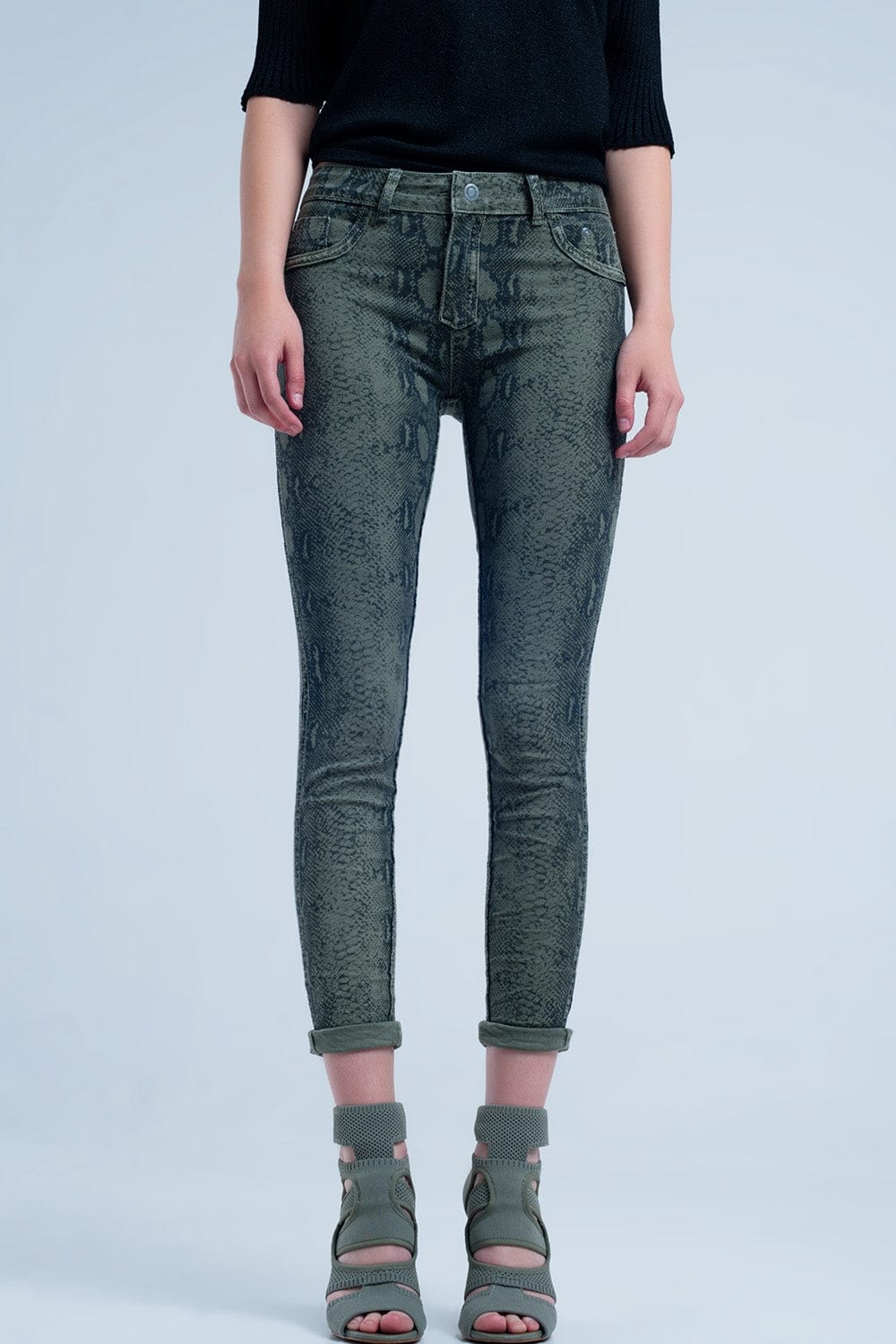 Q2 Women's Jean Green Skinny Reversible Jeans with Snake Print