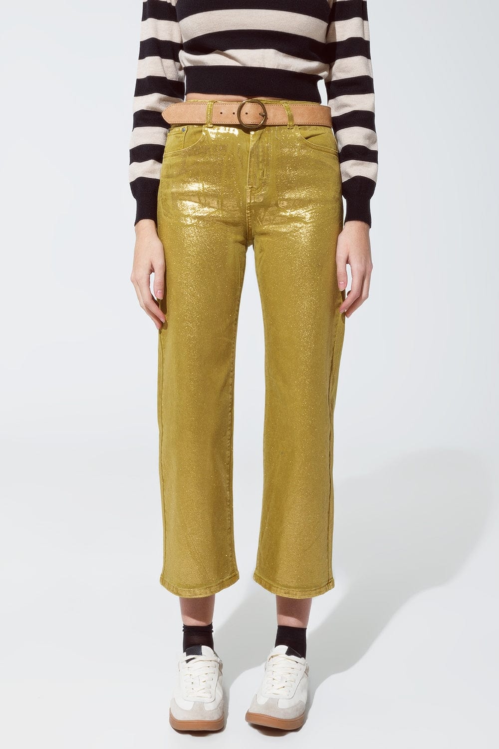 Q2 Women's Jean Green Straight Leg Jeans With Gold Metallic Glow
