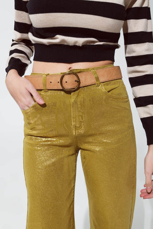 Q2 Women's Jean Green Straight Leg Jeans With Gold Metallic Glow