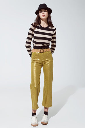 Q2 Women's Jean Green Straight Leg Jeans With Gold Metallic Glow