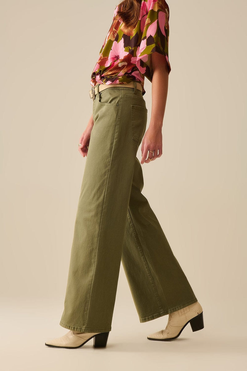 Q2 Women's Jean Green Straight Pants Wide Leg