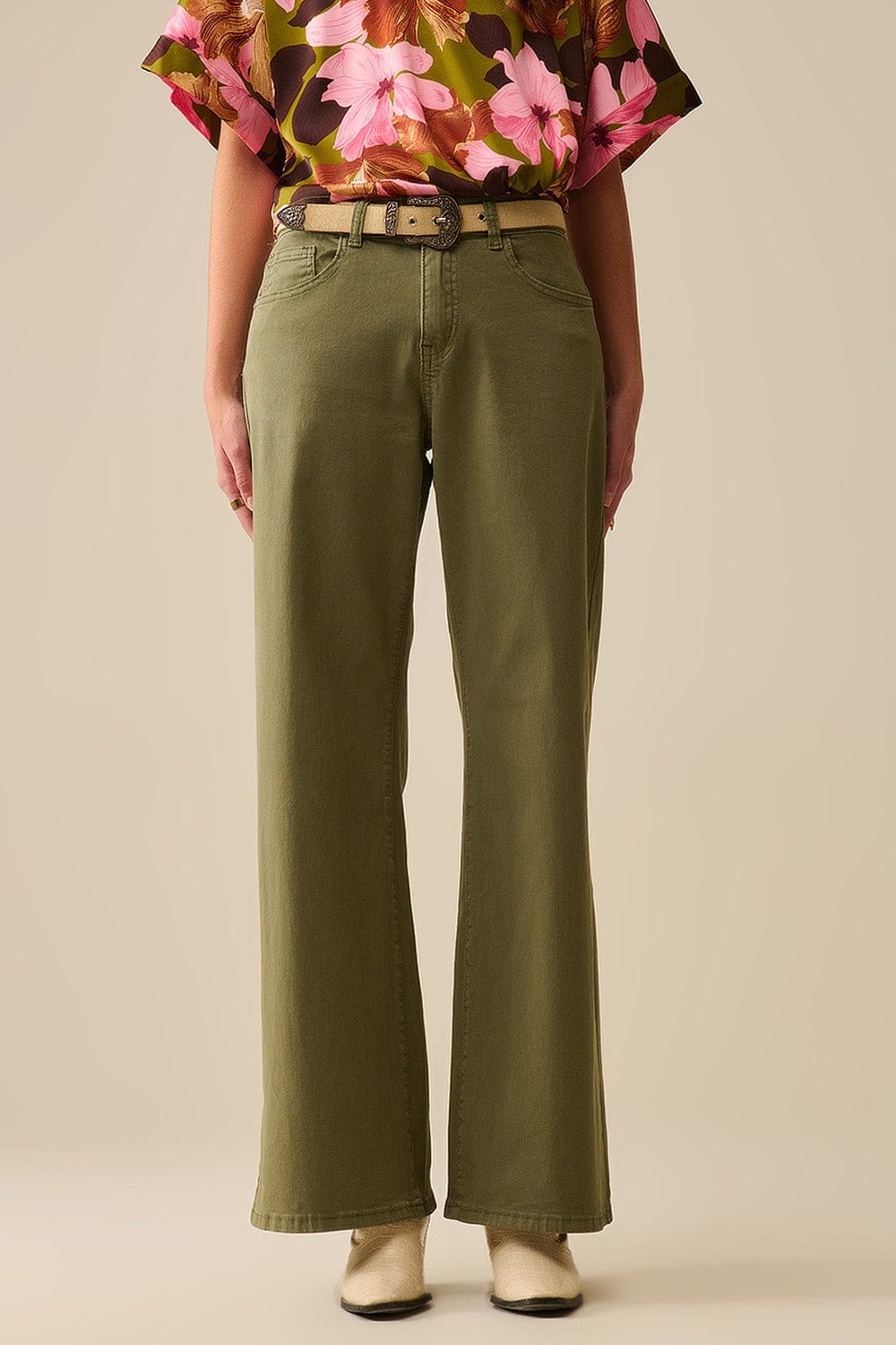 Q2 Women's Jean Green Straight Pants Wide Leg