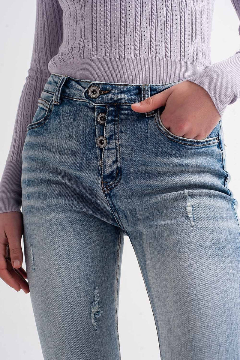 Q2 Women's Jean Heather Skinny Leg Distressed Jeans with Button Detail in Light Blue