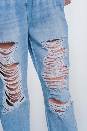 Q2 Women's Jean Heavily Ripped Boyfriend Jeans in Light Denim