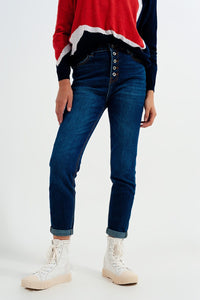Q2 Women's Jean High rise jeans with exposed buttons in blue