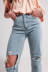 Q2 Women's Jean High Rise Mom Jeans in Lightwash with Rips
