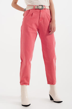 Q2 Women's Jean High Rise Mom Jeans with Pleat Front in Pink