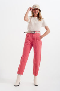 Q2 Women's Jean High Rise Mom Jeans with Pleat Front in Pink