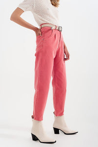 Q2 Women's Jean High Rise Mom Jeans with Pleat Front in Pink