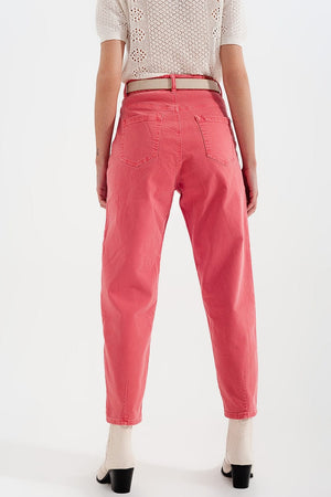 Q2 Women's Jean High Rise Mom Jeans with Pleat Front in Pink