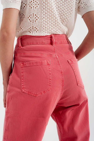 Q2 Women's Jean High Rise Mom Jeans with Pleat Front in Pink