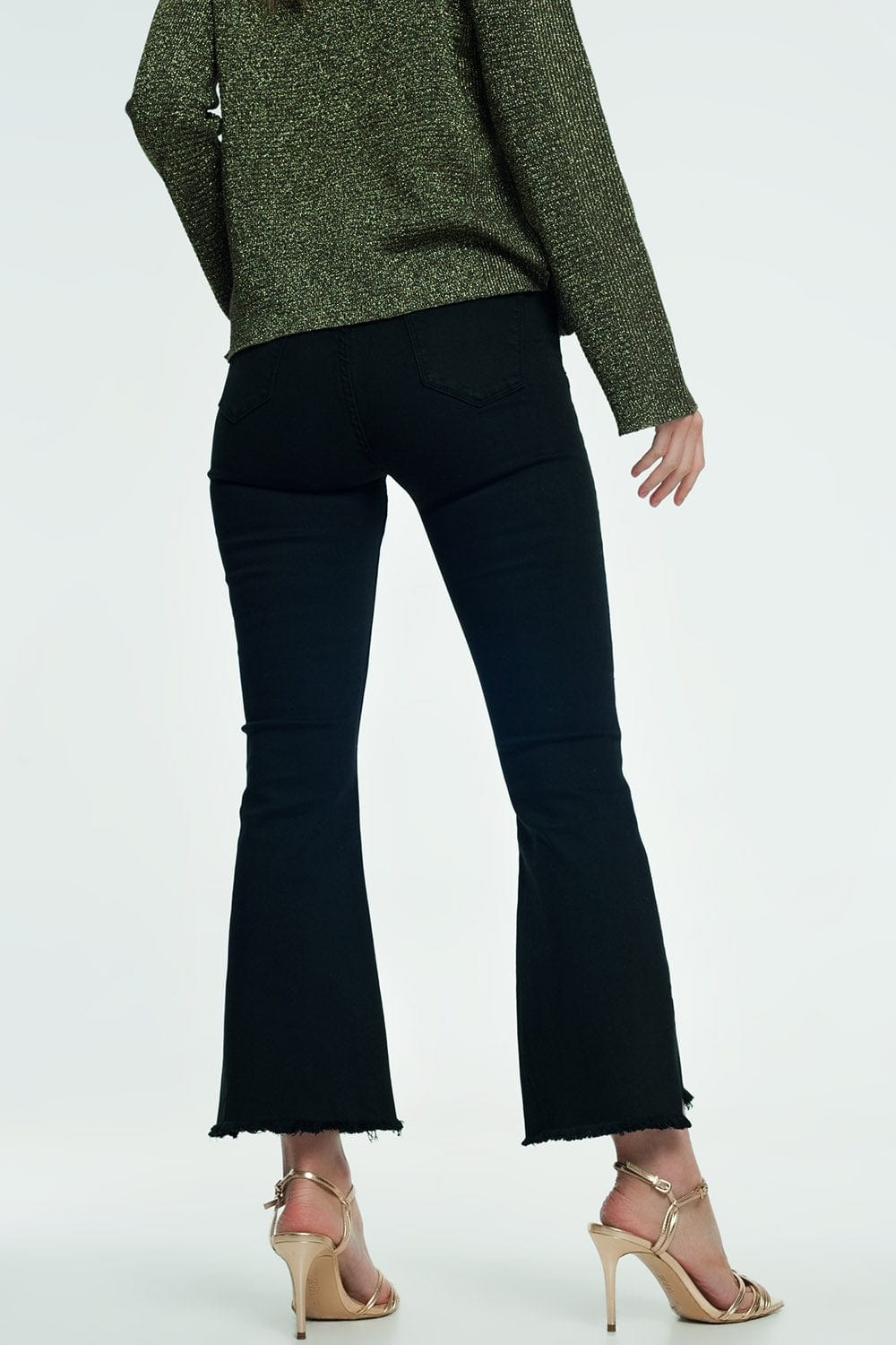 Q2 Women's Jean High Rise Raw Hem Flared Jeans In Black