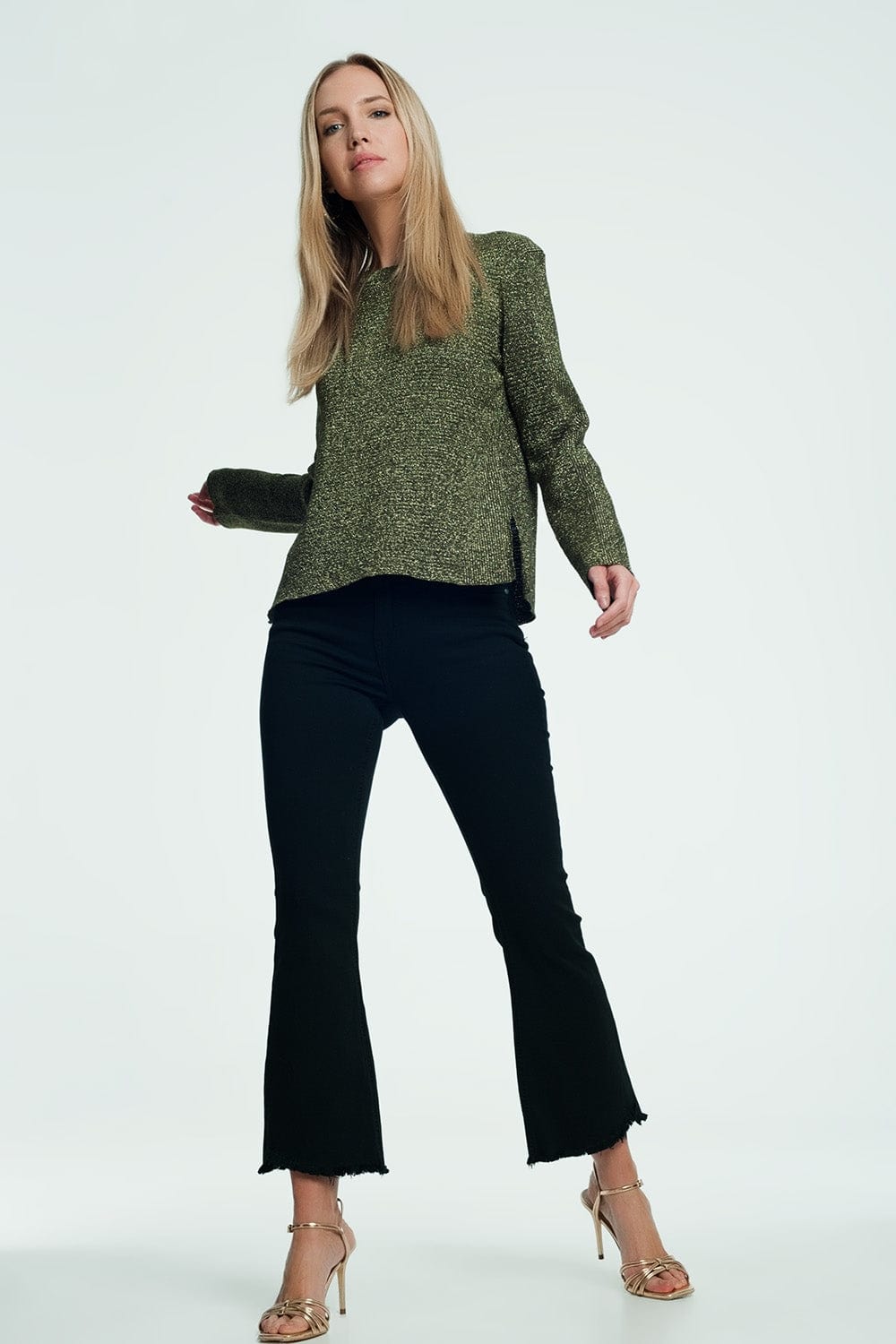Q2 Women's Jean High Rise Raw Hem Flared Jeans In Black