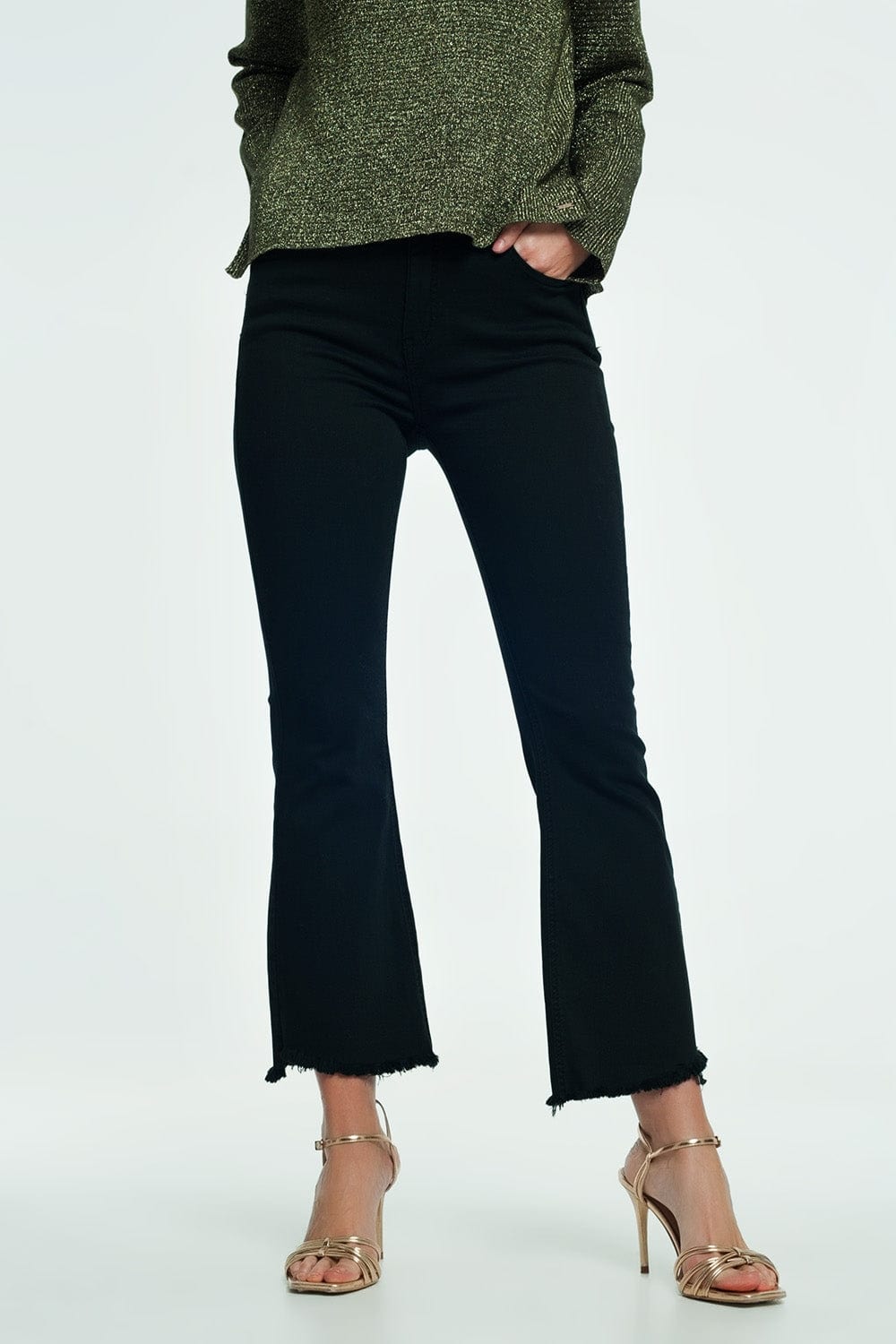 Q2 Women's Jean High Rise Raw Hem Flared Jeans In Black