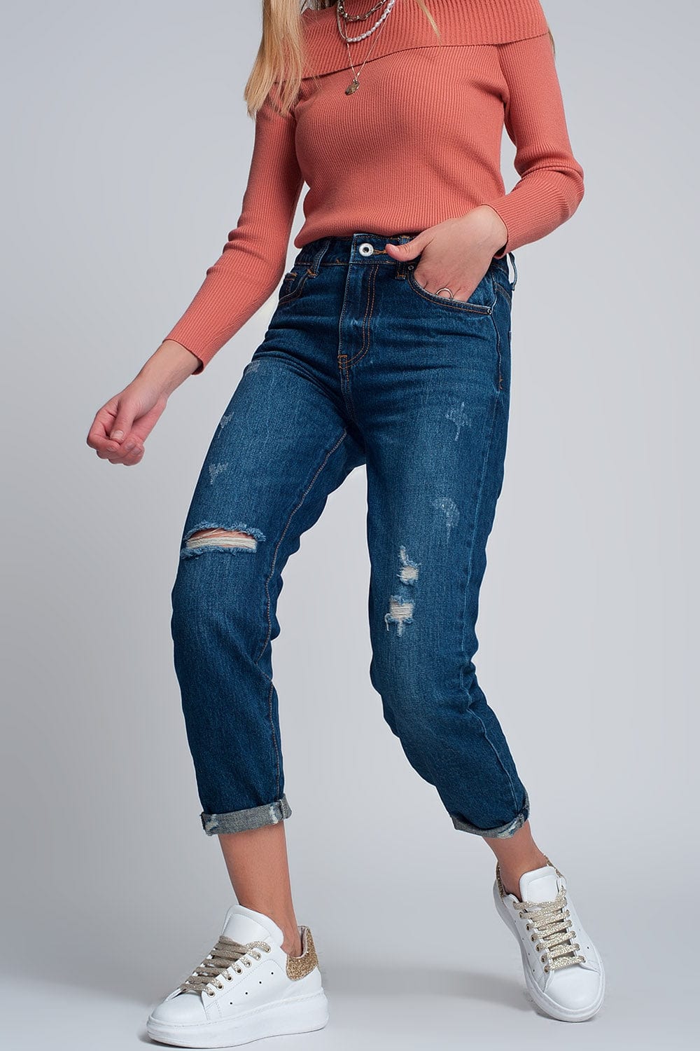 Q2 Women's Jean High Rise Slim Mom Jeans in Blue Wash with Front Rips