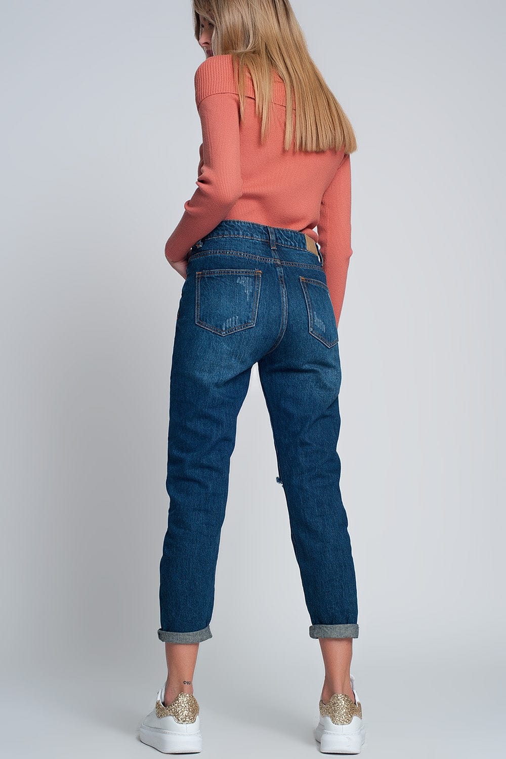 Q2 Women's Jean High Rise Slim Mom Jeans in Blue Wash with Front Rips