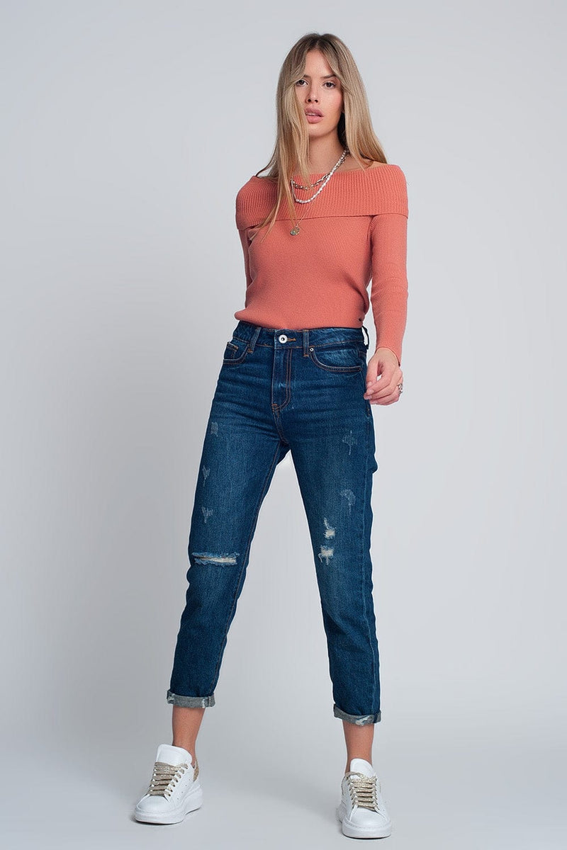 Q2 Women's Jean High Rise Slim Mom Jeans in Blue Wash with Front Rips