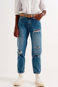 Q2 Women's Jean High Rise Slim Mom Jeans in Midwash with Rips