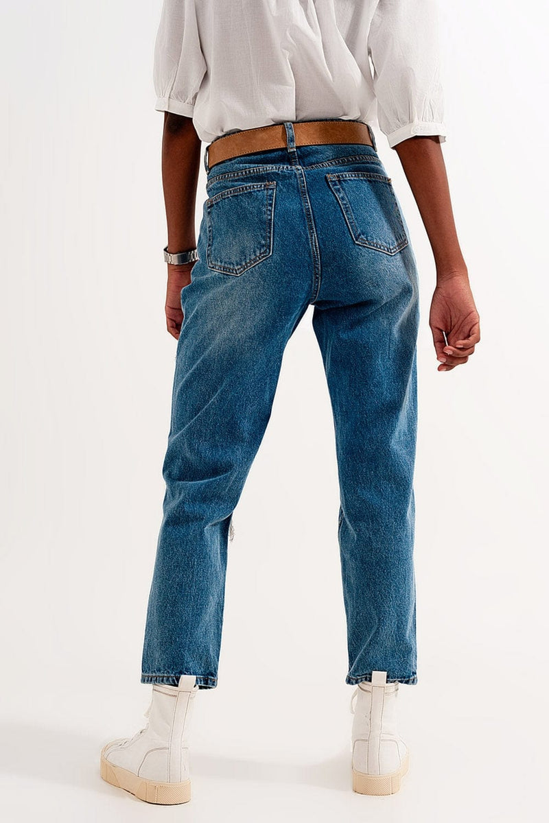 Q2 Women's Jean High Rise Slim Mom Jeans in Midwash with Rips