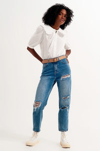 Q2 Women's Jean High Rise Slim Mom Jeans in Midwash with Rips