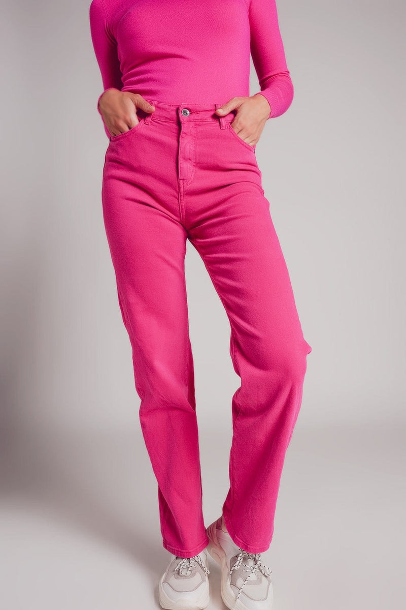 Q2 Women's Jean High Rise Slouchy Mom Jeans in Fuchsia