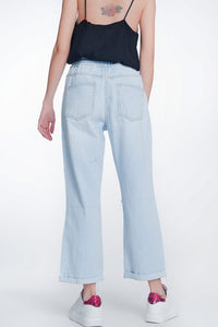 Q2 Women's Jean High Rise Straight Crop Jeans in Lightwash Blue