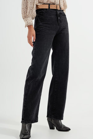 Q2 Women's Jean High Rise Straight Jeans in Washed Black