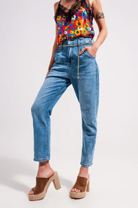 Q2 Women's Jean High Rise Straight Leg Belt Detail Jeans in Light Wash