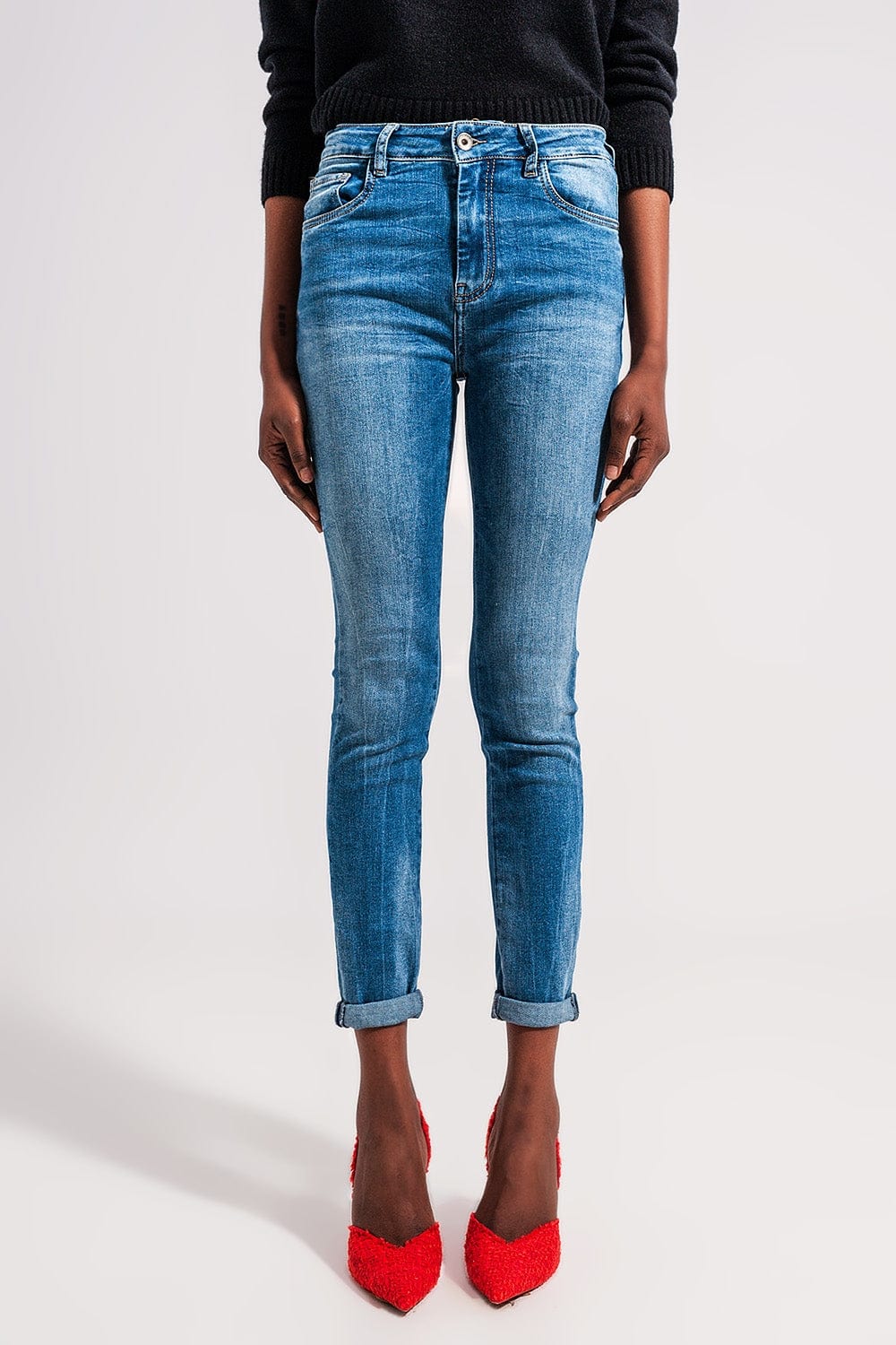 Q2 Women's Jean High Waist Elastic Skinny Jeans in Mid Blue