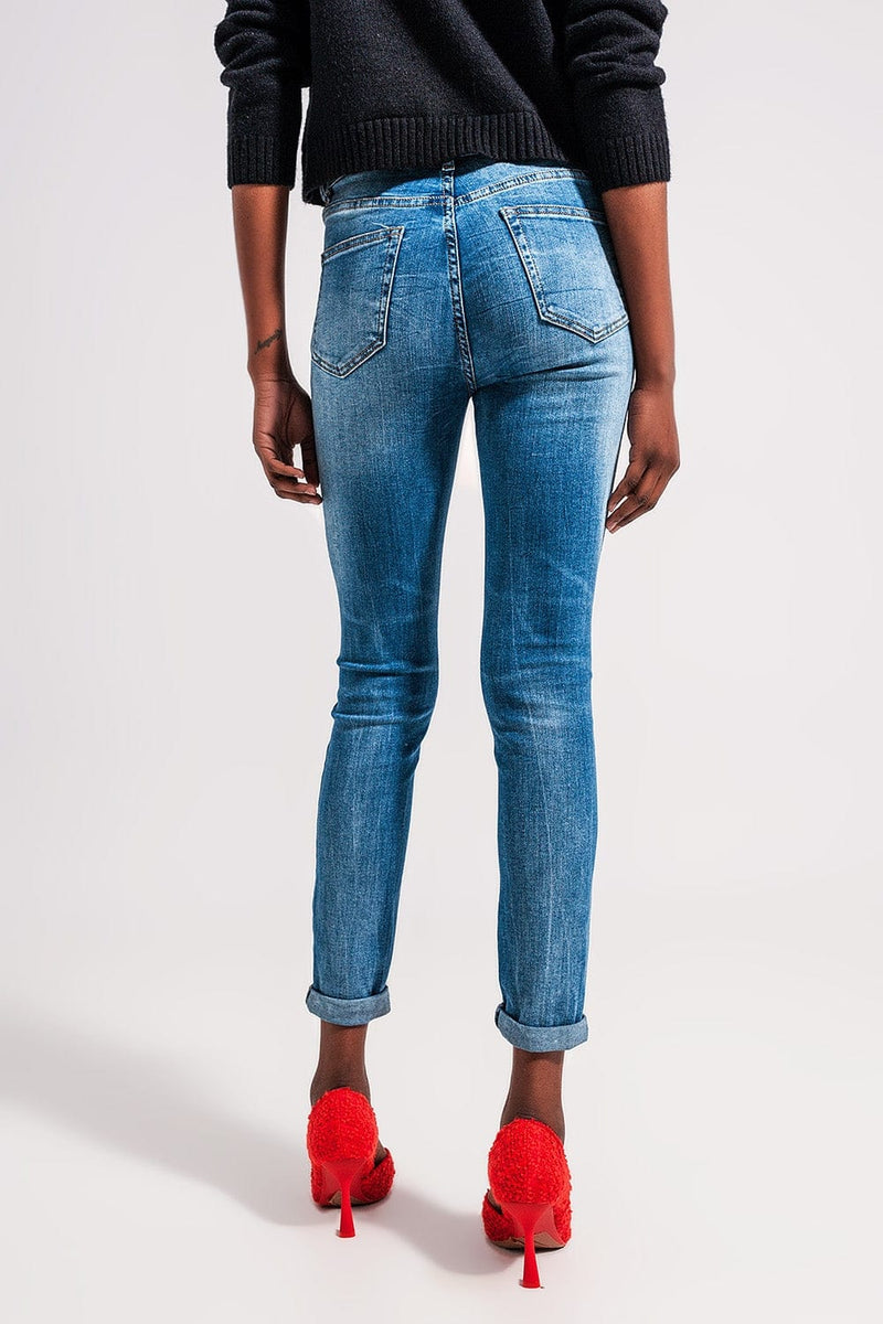 Q2 Women's Jean High Waist Elastic Skinny Jeans in Mid Blue