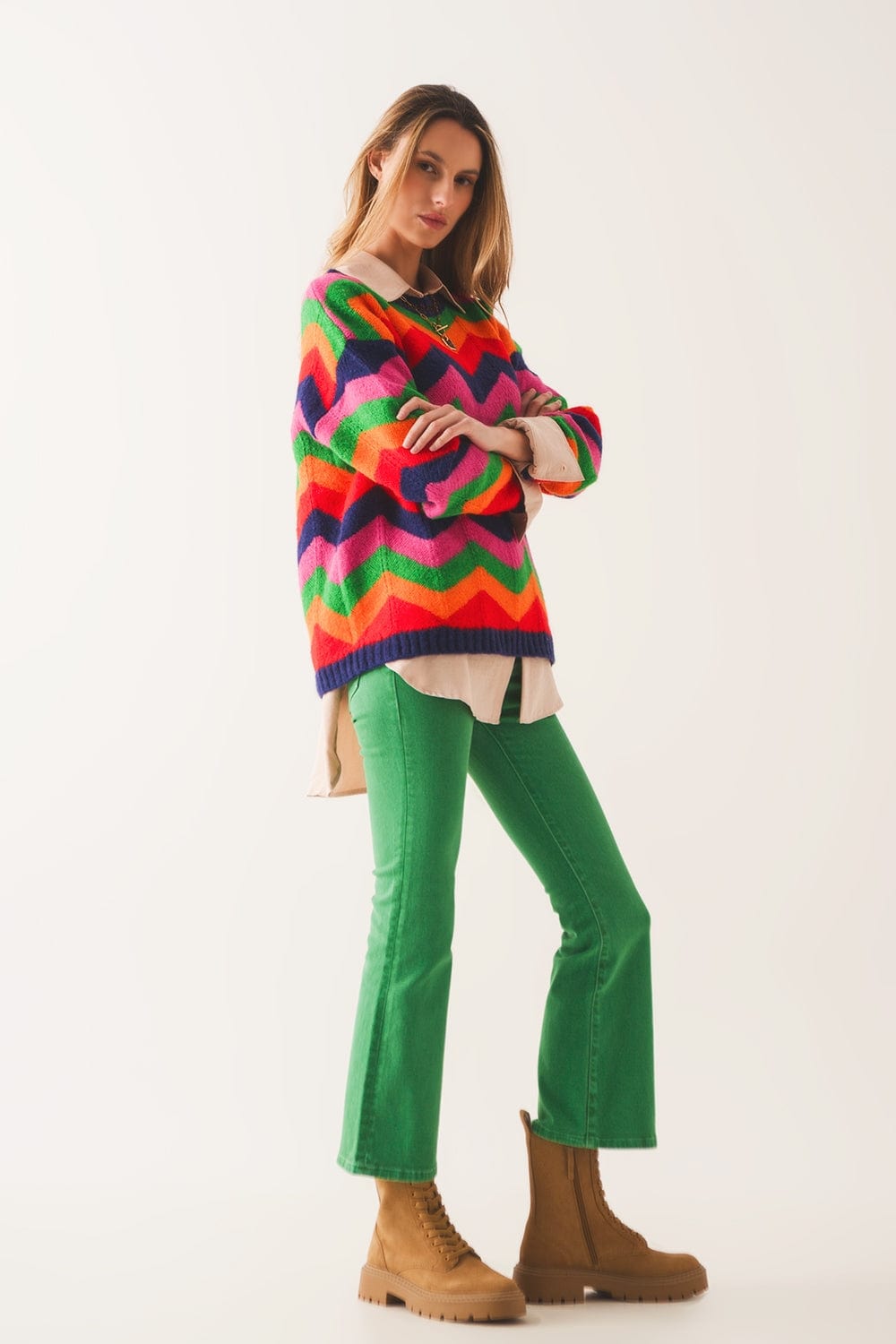 Q2 Women's Jean High Waist Flare Jean in Green