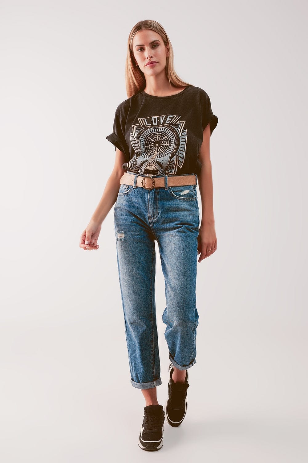 Q2 Women's Jean High Waist Jean with Thigh Slash in Midblue