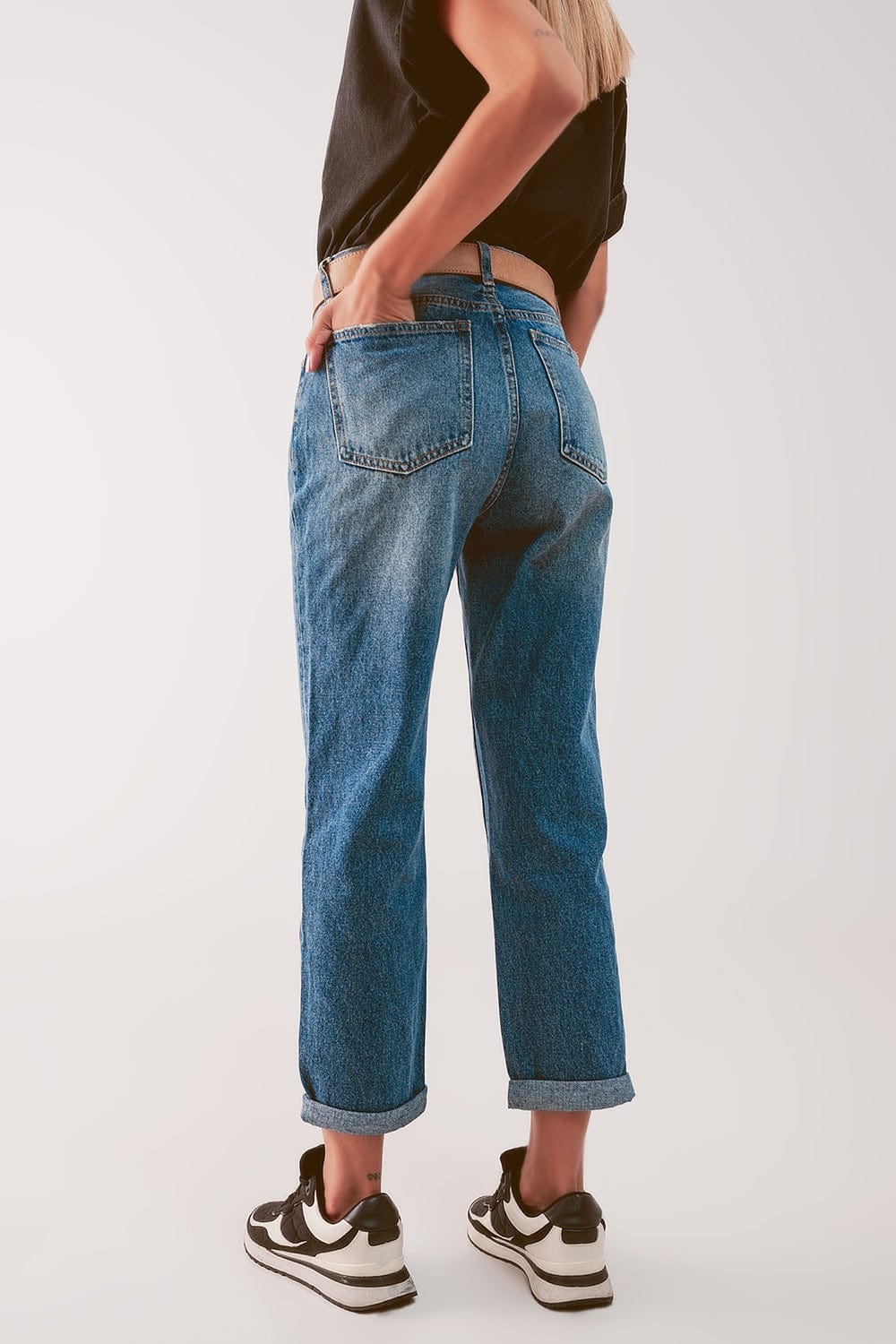 Q2 Women's Jean High Waist Jean with Thigh Slash in Midblue