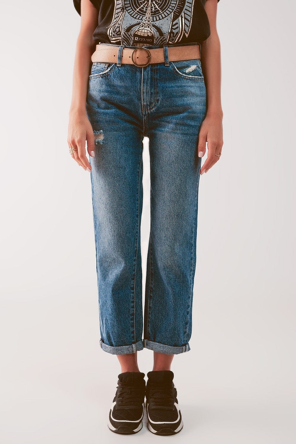 Q2 Women's Jean High Waist Jean with Thigh Slash in Midblue