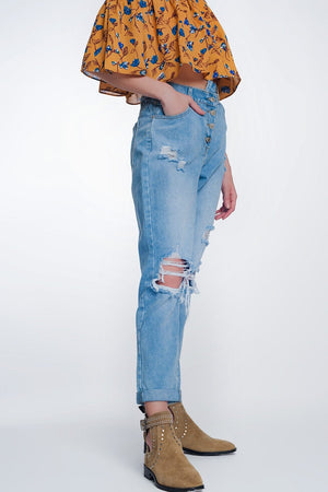Q2 Women's Jean High Waist Mom Jeans with Button Front