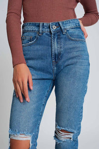 Q2 Women's Jean High Waist Mom Jeans with Ripped Knees in Dark Wash Blue