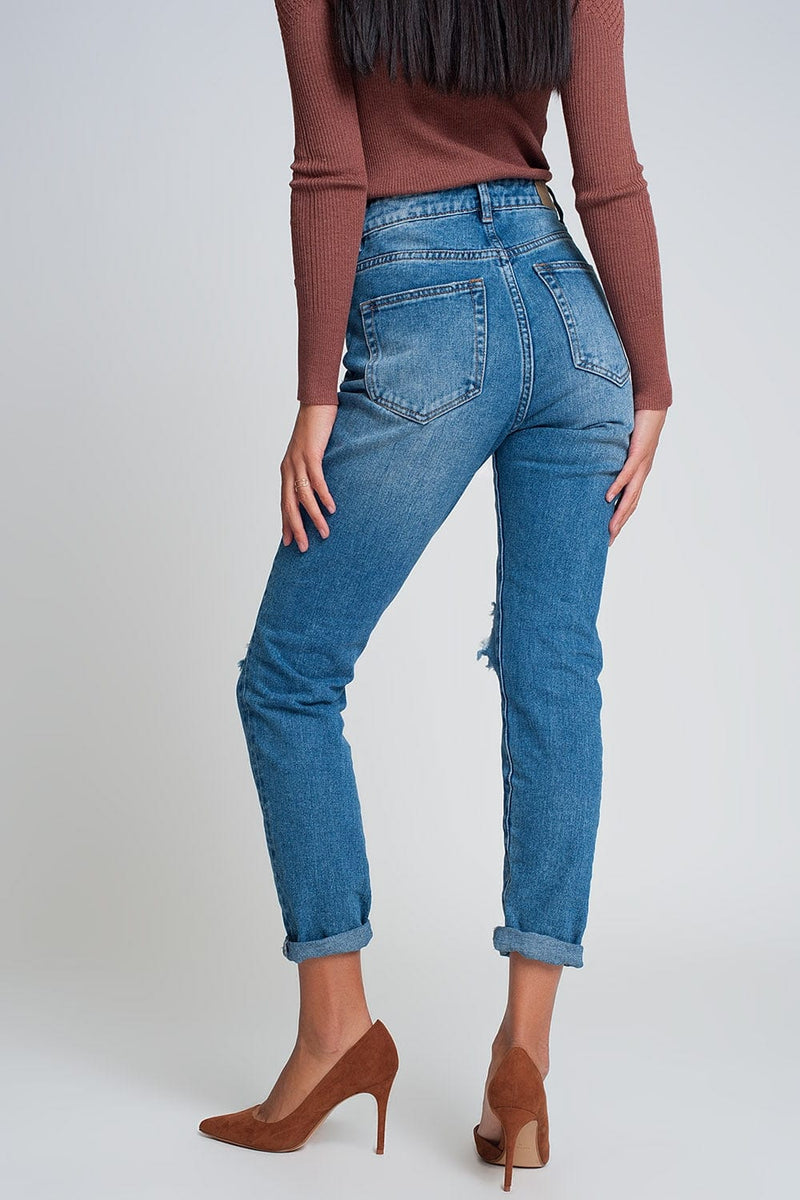 Q2 Women's Jean High Waist Mom Jeans with Ripped Knees in Dark Wash Blue