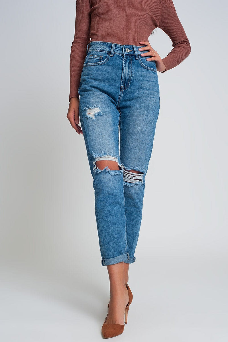 Q2 Women's Jean High Waist Mom Jeans with Ripped Knees in Dark Wash Blue