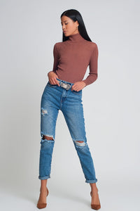 Q2 Women's Jean High Waist Mom Jeans with Ripped Knees in Dark Wash Blue