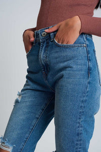 Q2 Women's Jean High Waist Mom Jeans with Ripped Knees in Dark Wash Blue