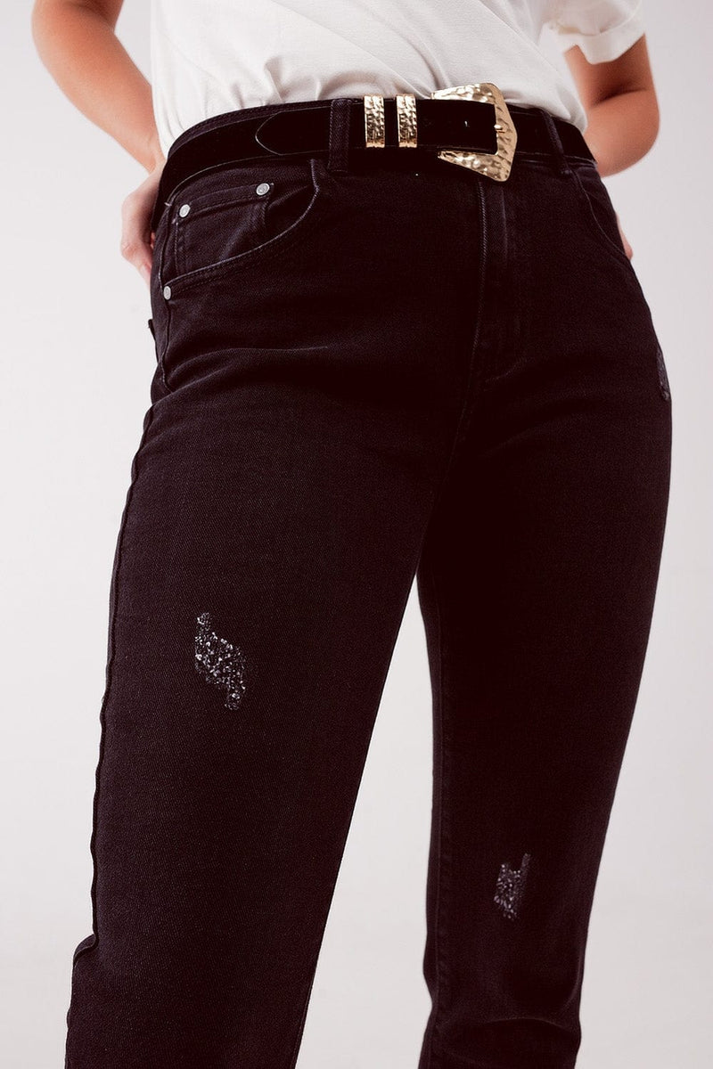 Q2 Women's Jean High Waist Ripped Skinny Jeans in Black