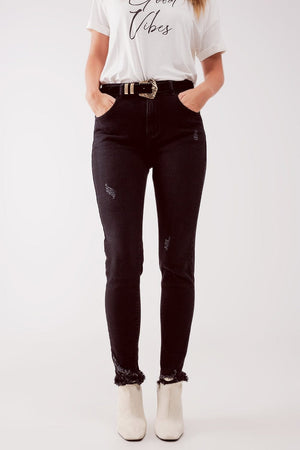 Q2 Women's Jean High Waist Ripped Skinny Jeans in Black