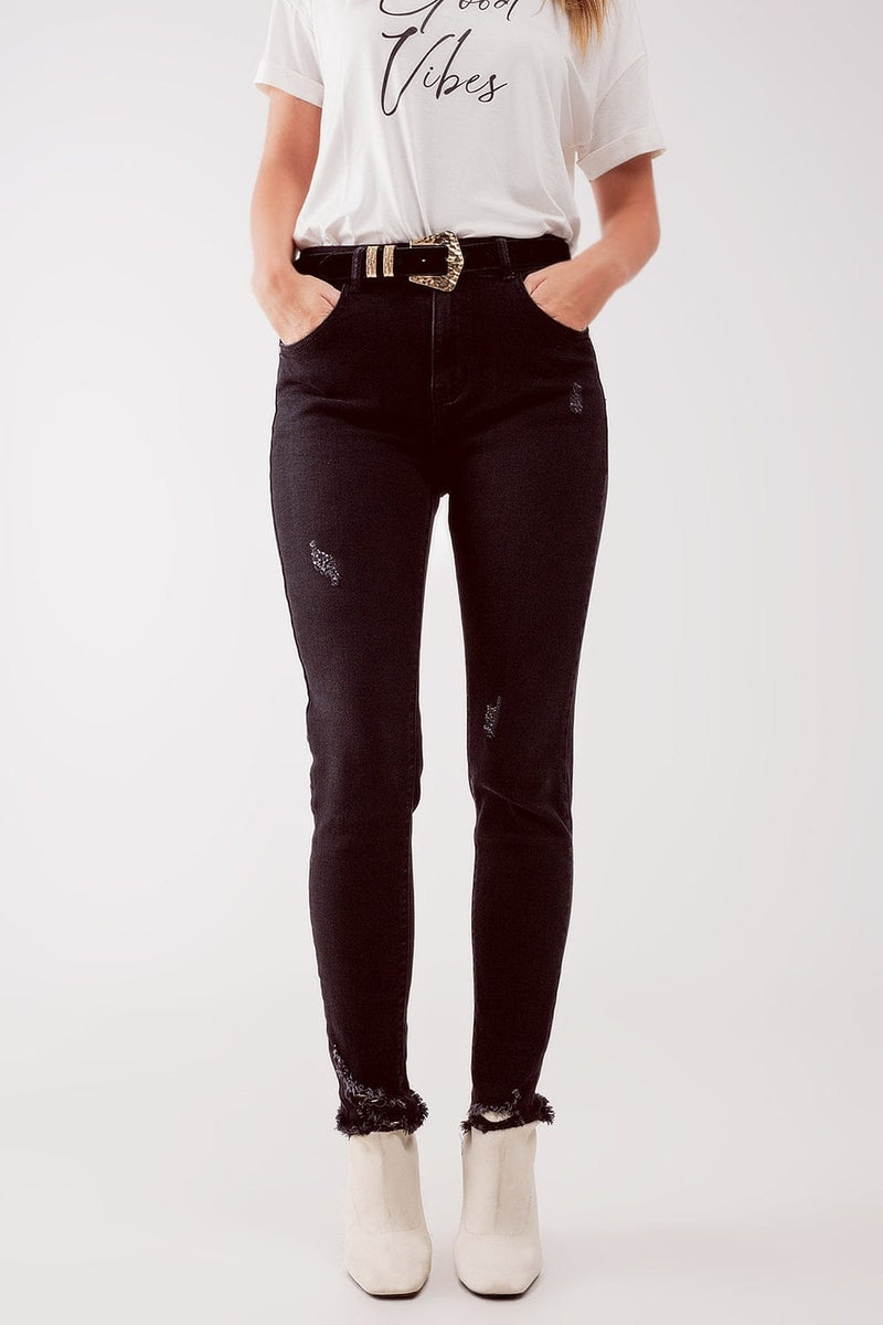Q2 Women's Jean High Waist Ripped Skinny Jeans in Black